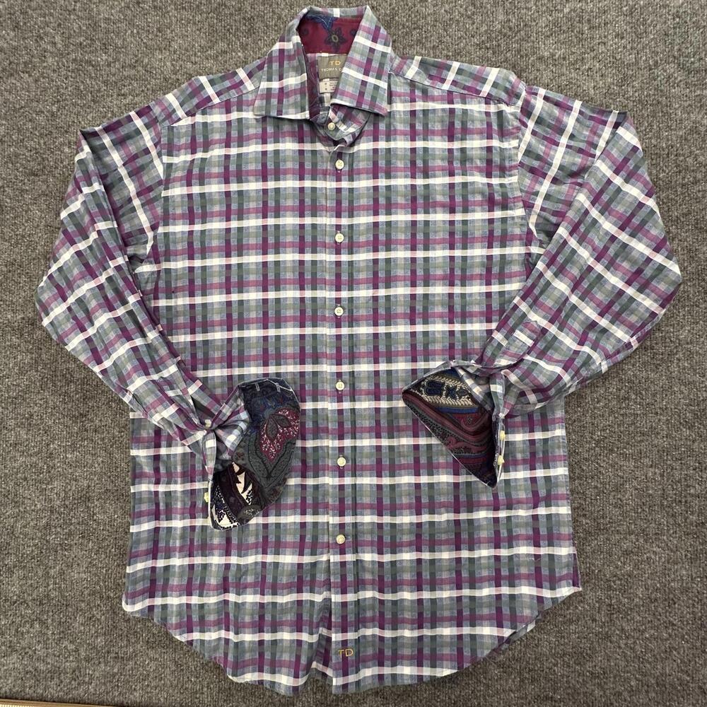 Thomas Dean Mens Plaid Button Up Shirt Purple Green Medium Paisley Cuff 248‎